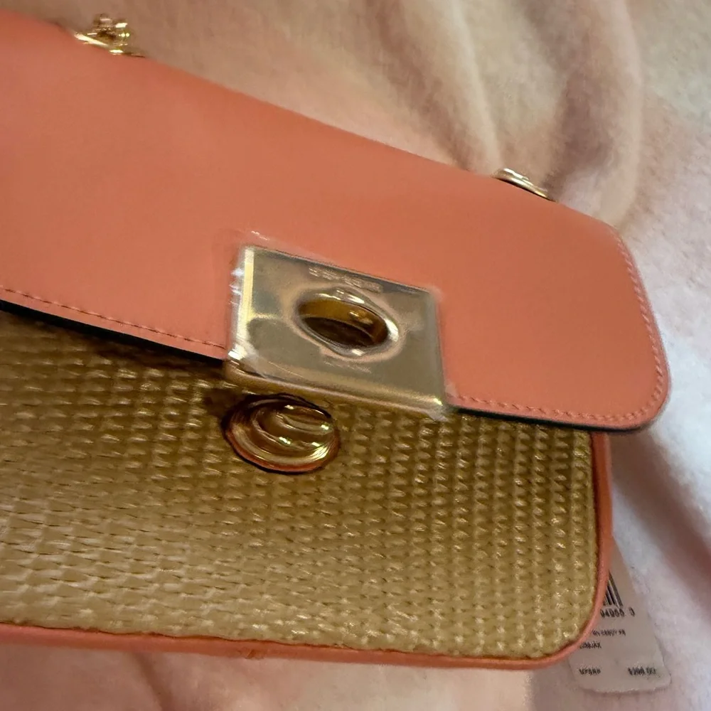 Coach Coral Pink Straw Crossbody‎ Bag with Gold Chain